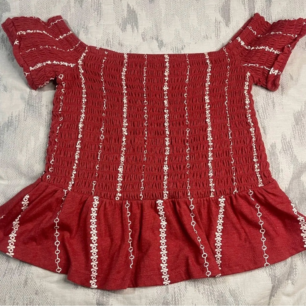 Aeropostale Red Blouse with White Accents Off Shoulder Ruffle Peplum Blouse S
